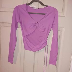 Zara Lilac Long Sleeve Open Middriff V Neck With Ring And Tye Side Top Sz S